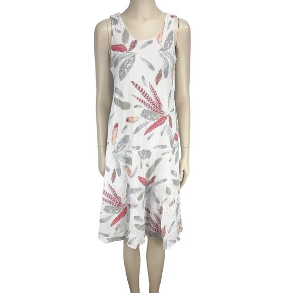 ANGELA MARA Vacation Dress Cotton Viscose Feathers Print White Midi Italy Large - Picture 1 of 9